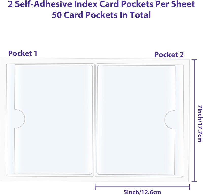 TOTiyea 50 Pack Clear Adhesive Pockets for Index Card Sleeves and Planners, Top Loading, Plastic Label Holder for Note Cards (5x7 Inches) - Image 2